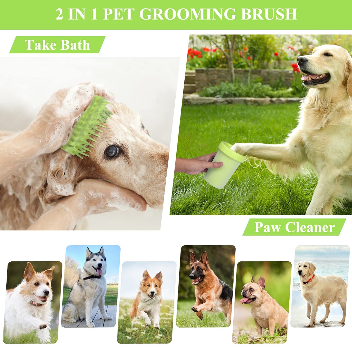 Dog Paw Washer, Dog Foot Cleaner,Things for Dogs Must Haves, 2 in 1 Pet Foot Washing Cup, Dog Summer Accessories Supplies, Muddy Paw Cleaner Dog Workout Equipment,Pet Paw Washer Clean Dog Paws- Green