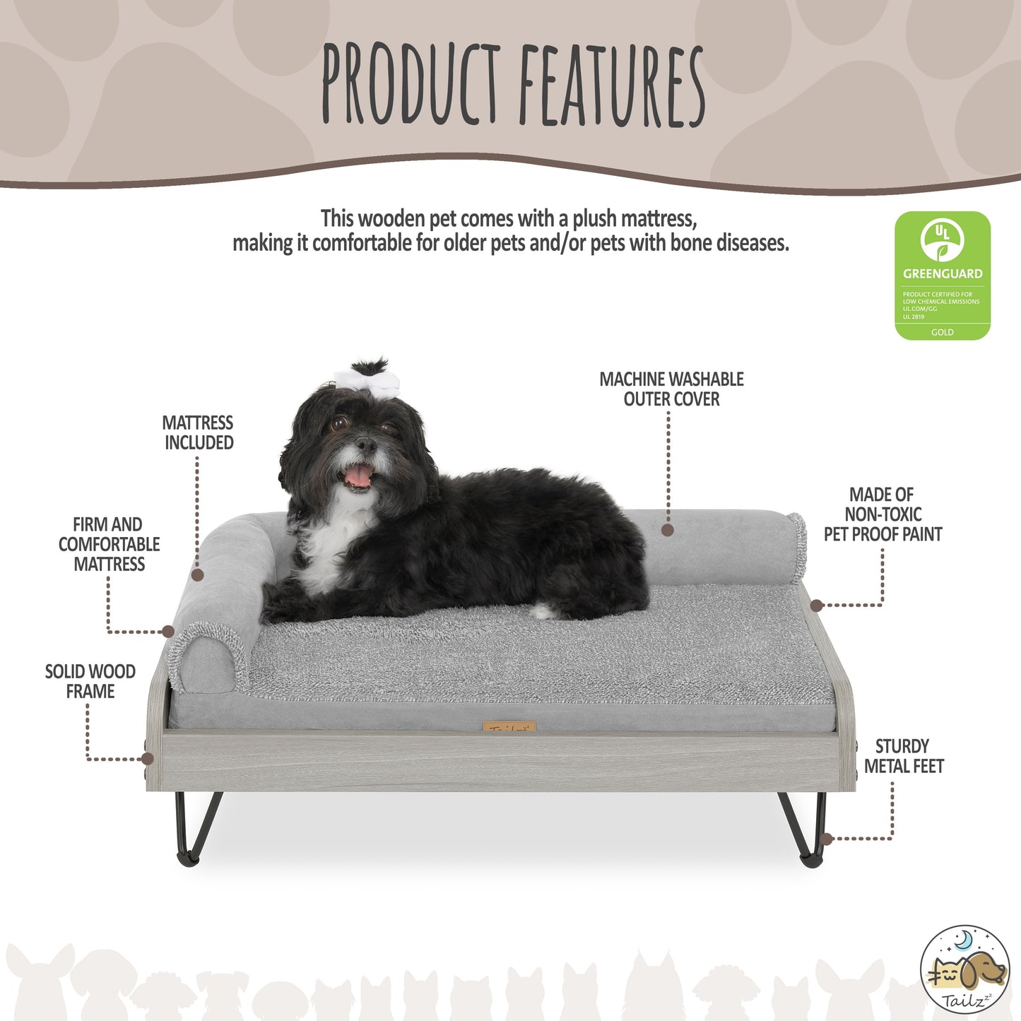 Asher Wooden Pet Bed with Mattress | Small to Medium Pet Bed with Mattress | Elevated Pet Bed | Greenguard Gold Certified Wooden Pet Bed