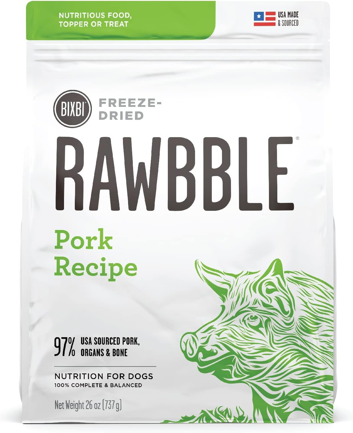 Rawbble Freeze Dried Dog Food, Pork Recipe, 26 Oz - 97% Meat and Organs, No Fillers - Pantry-Friendly Raw Dog Food for Meal, Treat or Food Topper - USA Made in Small Batches