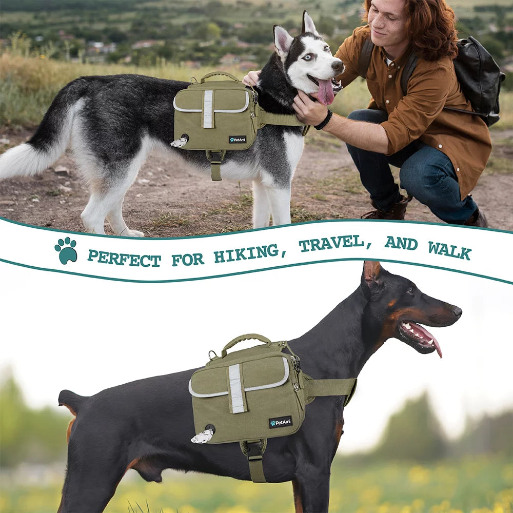 Dog Backpack for Medium Large Dogs, Dog Saddle Bag for Dogs to Wear, Harness Saddlebag with Reflective Safety Side Pockets for Hiking, Camping, Vest Dog Pack for Travel (Green, Large)