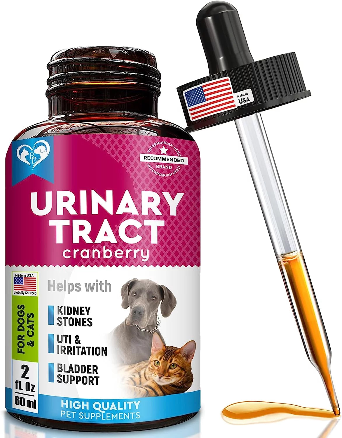 Cat & Dog Urinary Tract Infection Treatment & Natural UTI Cranberry -Kidney+Bladder Support Supplement - Best Prevention Urine Incontinence, Bladder Stones - Pet Renal Health & UTI Care Drops