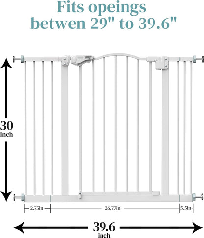 29-39.6" Baby Gate for Pets, Auto Close Both Sides Dog Gate with One-Hand Opening, 30" Tall Safety Gates for Stairs, Hallways, Bedrooms, Wall Pressure Mount No Drill, White