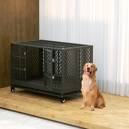 RERORD 48 Inch Heavy Duty Dog Crate with Wheels, Folding Metal Big Dog Cage Extra Large Dog Crate